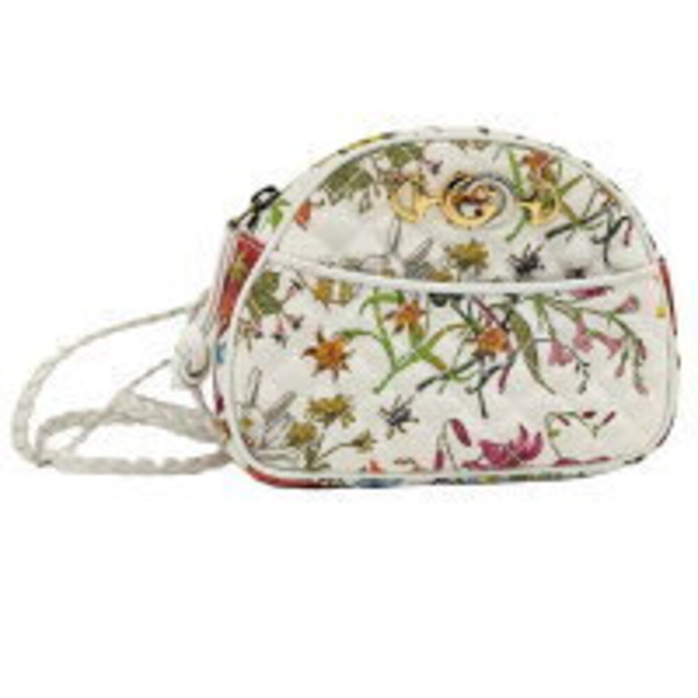 GUCCI Flora Flower Shoulder Bag Horsebit Canvas Leather White Multicolor